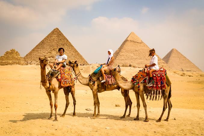 Business travelers riding camels with the Pyramids of Giza in the background.